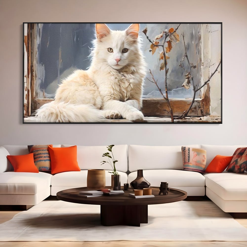 Tablou canvas cu tablou canvas cu pisica alba pe fereastra, in rama de aluminiu negru, pe perete intr-un living